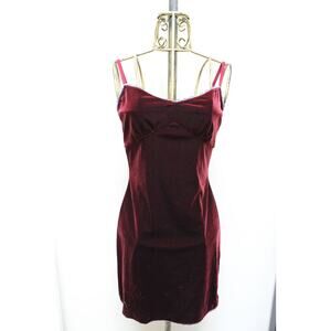 Vintage Betsey Johnson NY Burgundy Red Velvet Lace Trim Mini Dress Size Medium